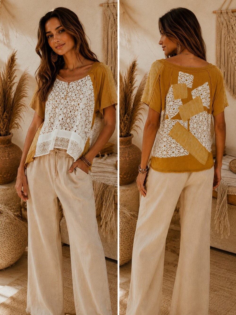 312. Upcycled Boho Patxhwork Lace Panel Top in Mustard Fits Most
